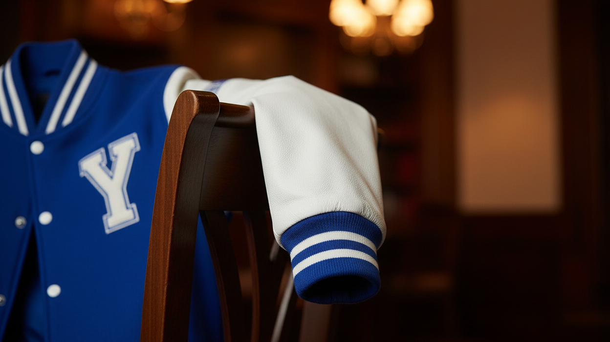 Close-up of premium leather varsity jacket sleeve showing rich leather texture, contrast ribbed cuffs, and emblem patch detail