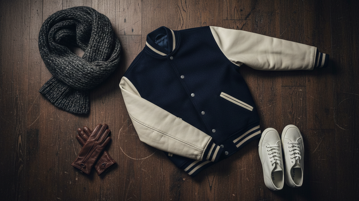 Overhead flat lay of a varsity jacket with seasonal accessories styled on a dark wooden surface