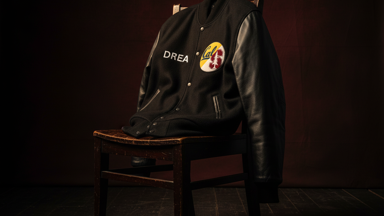 Varsity jacket draped over a chair with dramatic studio lighting highlighting leather sleeves and ribbed cuffs