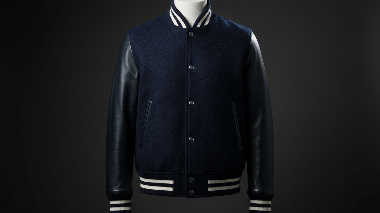 Premium wool and leather varsity jacket — Leather Nativ studio editorial