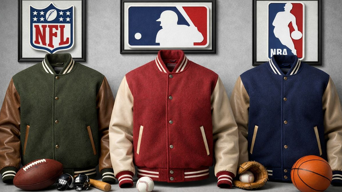 Three varsity jackets displayed with framed NFL, MLB, and NBA logos on a wall, styled with American football, baseball glove, and basketball props in front.