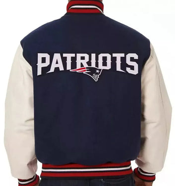 Letterman New England Patriots Navy Blue Varsity Jacket Wth Real Leather Sleeves