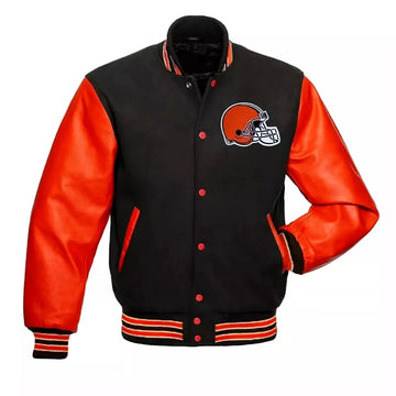 Letterman Cleveland Browns Black Wool Varsity Jacket With Orange Leather Sleeves