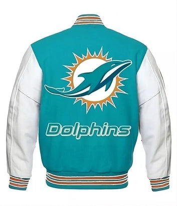 Miami Dolphins Letterman Varsity Jacket With Genuine Leather Sleeves