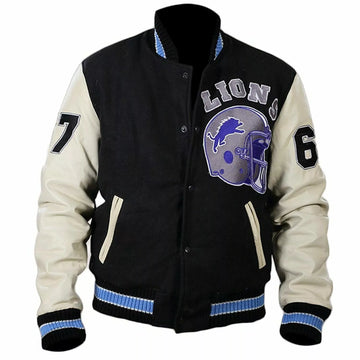 Letterman Detroit Lions Black Varsity Jacket With Genuine Leather Sleeves