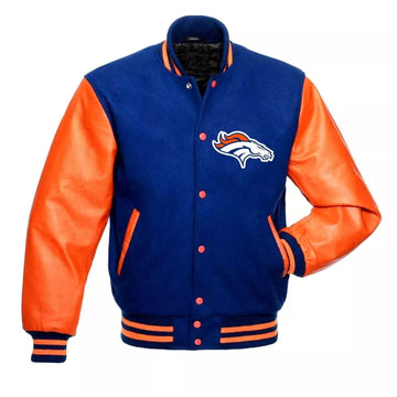 Denver Broncos Letterman Varsity Jacket Wool With Genuine Leather Sleeves