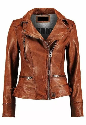 Womens Latest Cafe Racer Moto Biker Distressed Brown Vintage Real Leather Jacket Brown