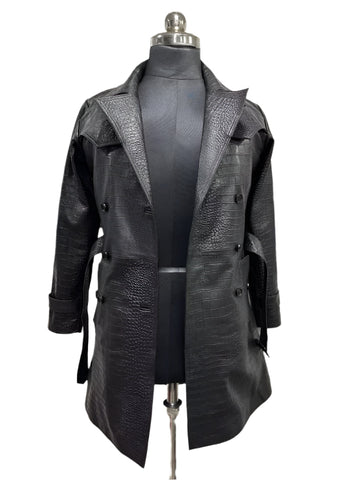 Women's Black Croco Coat 100% Genuine Lambskin Leather Croc Embossed Trench Coat
