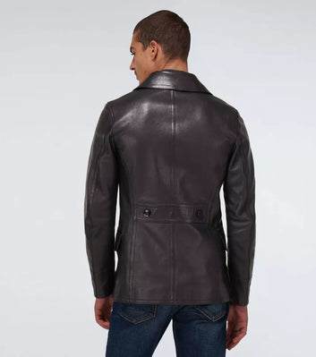 Men Tailored Lambskin Leather Jacket Black Double Breasted Coat