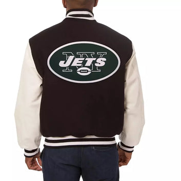 NFL New York NY JETS Letterman Varsity Jacket Black Wool w/ Real Leather Sleeves