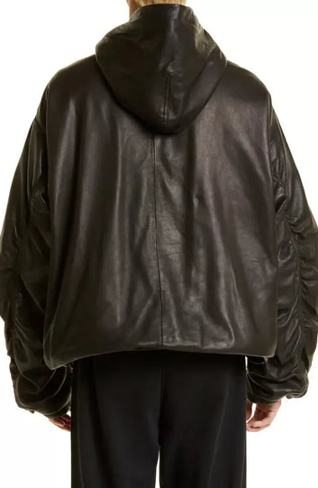 Men Black Oversized Casual Hoodie Leather Jacket Kangaroo Pocket Soft Coat.
