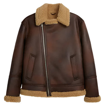 Women  Real Leather Brown Shearling Fur Bomber RAF Aviator Jacket