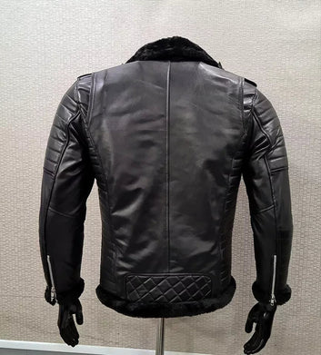 Women REAL BLACK LAMBSKIN BIKER STYLE LEATHER SHEARLING JACKET