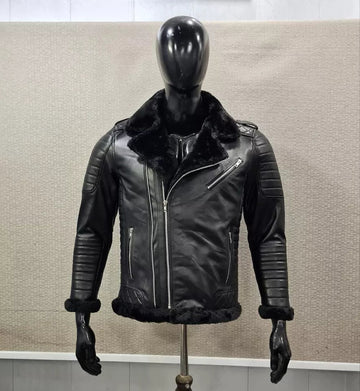 Women REAL BLACK LAMBSKIN BIKER STYLE LEATHER SHEARLING JACKET