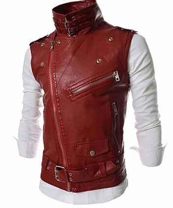 Men Slim Fit Biker Asymmetrical Zipper Red Leather Vest
