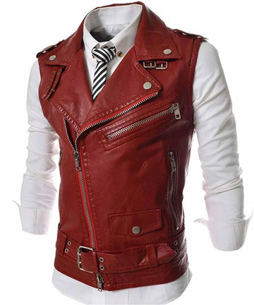 Men Slim Fit Biker Asymmetrical Zipper Red Leather Vest