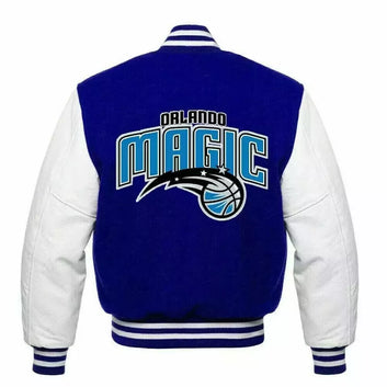 Orlando Magic Blue and White Varsity Jacket with Leather sleeves
