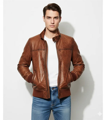 Men Biker Motorcycle Vintage Distressed Brown Bomber Winter Leather Jacket