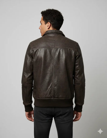 Mens Biker Motorcycle Vintage Distressed Black Bomber Winter Leather Jacket