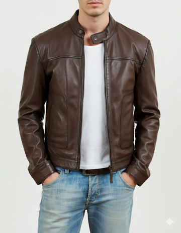 Men's Biker Motorcycle Brown Real Leather Jacket