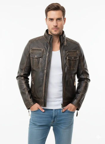 Men’s Motorcycle Biker Vintage Distressed Brown Cafe Racer Real Leather Jacket