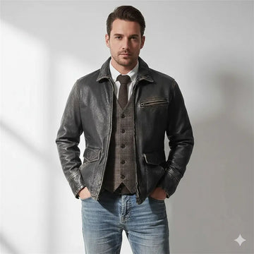 Men’s Motorcycle Biker Vintage Cafe Racer Distressed Black Real Leather Jacket black
