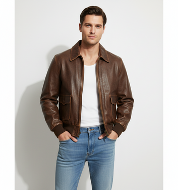 Aviator Real Cowhide Distressed Leather Bomber Flight Jacket Vintage Brown