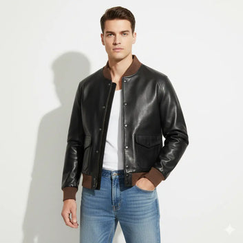 Men's Casual Leather Coat Front Pockets A1 Bomber Basic Genuine Leather Jackets