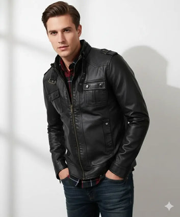 Men’s Strap Collar Casual Slim Fit Black Leather Jacket