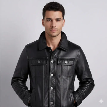 Men's Black Trucker Lambskin Leather Jacket Coat