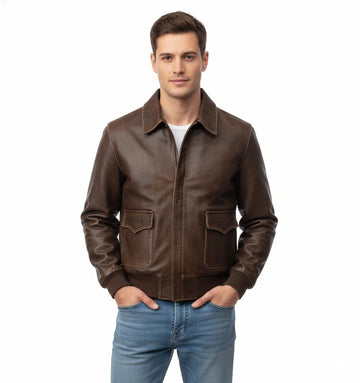Men's Brown Aviator A-2 Real Distressed Leather Bomber Flight Vintage Jacket
