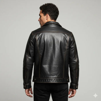 Men Distressed Trucker Cowhide Leather Luxury Tanned Cafe Racer Motorcycle Coat