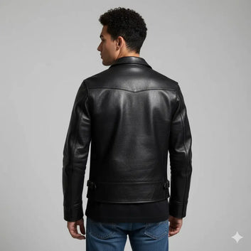Men’s Black Cowhide Leather Luxury Vintage Trucker Motorcycle Biker Jacket