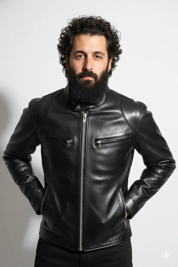 Men’s Black Cowhide Leather Luxury Tanned Cafe Racer Motorcycle slim Fit Jacket