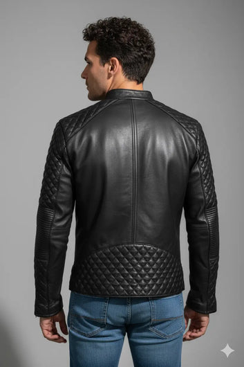 Men's Leather Jacket Cafe-Racer Retro Motorcycle Biker Black Real Leather