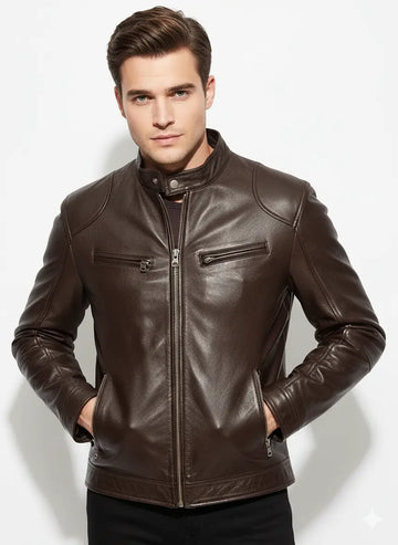 Cafe Racer Men's Leather Jacket Soft Sheep Skin Motorcycle Brown & Black Biker