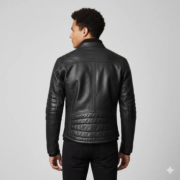 Men’s Leather Jacket Genuine Sheep skin Cafe Racer Motorcycle Biker Black