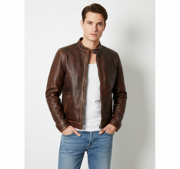 Men's Biker Cafe Racer Vintage Motorcycle Distressed Brown Leather Jacket