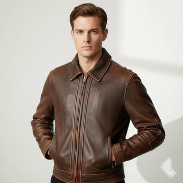 Men’s Motorcycle Vintage Cafe Racer Distressed Brown Biker Real Leather Jacket