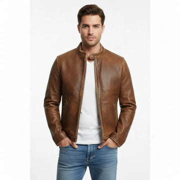 Men’s Motorcycle Biker Vintage Cafe Racer Distressed Brown Real Leather Jacket