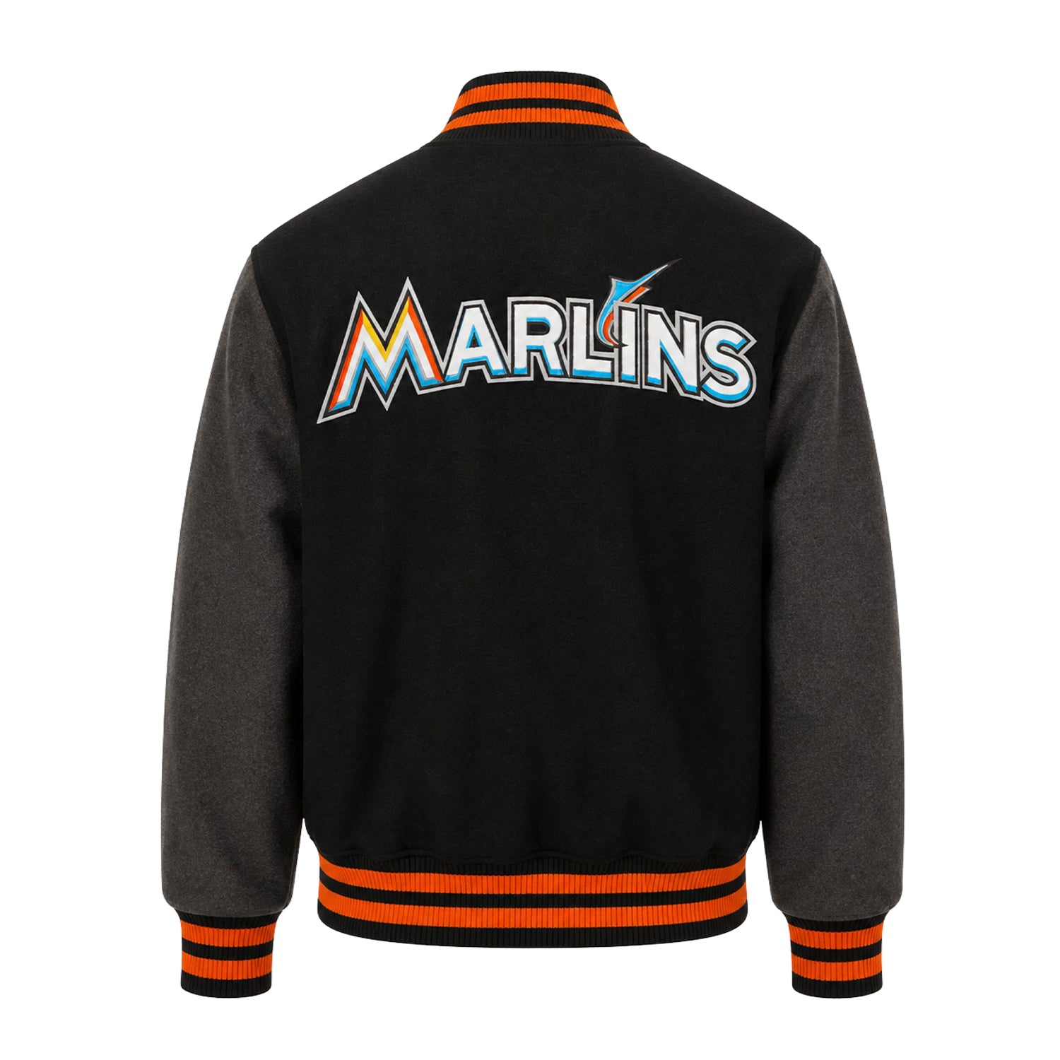 MLB Men's Miami Marlins Black and Grey Varsity Jacket (Back)
