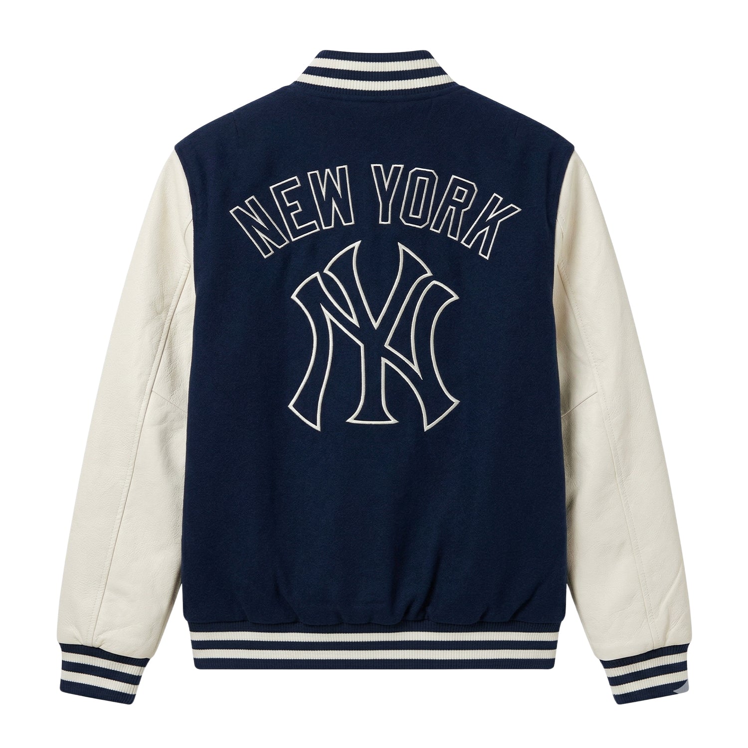 MLB Men's New York Yankees Navy Blue Wool & White Leather Varsity Jacket (Back)