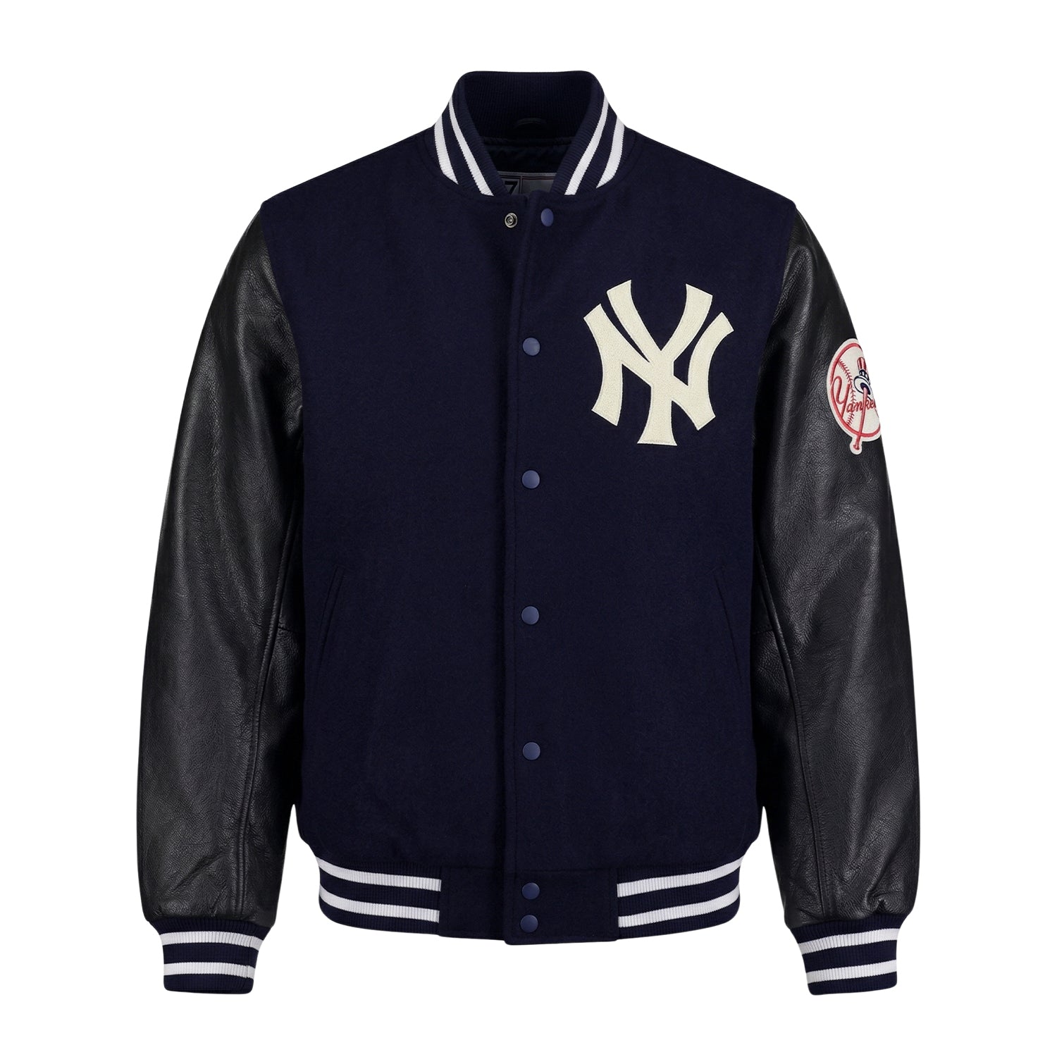MLB Men's New York Yankees Navy Wool with Black Leather Sleeves Varsity Jacket