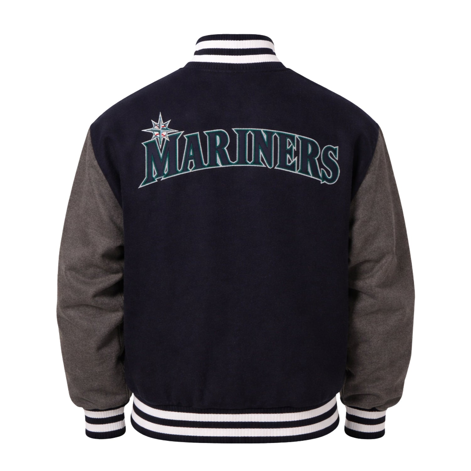 MLB Men's Seattle Mariners Navy and Grey Varsity Jacket (Back)