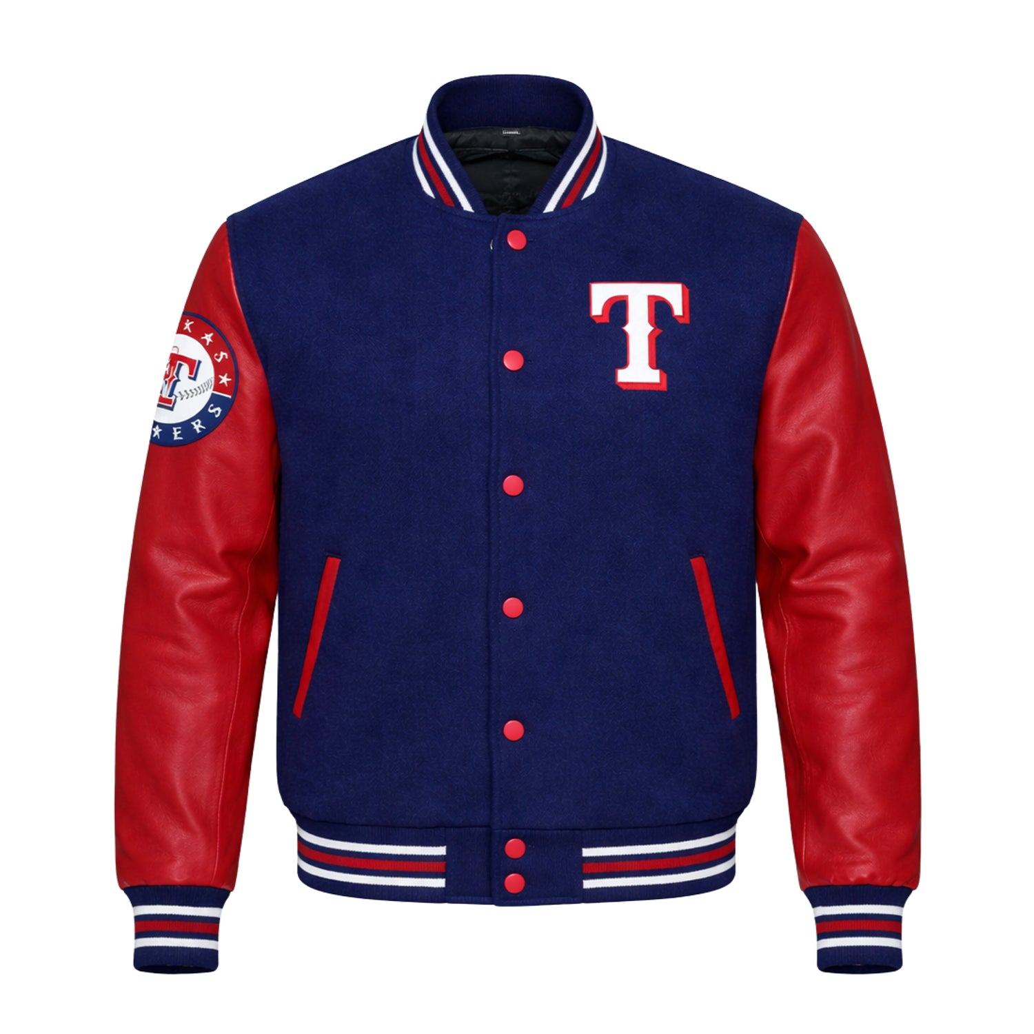 MLB Men's Texas Rangers Navy with Red Leather Sleeves Varsity Jacket