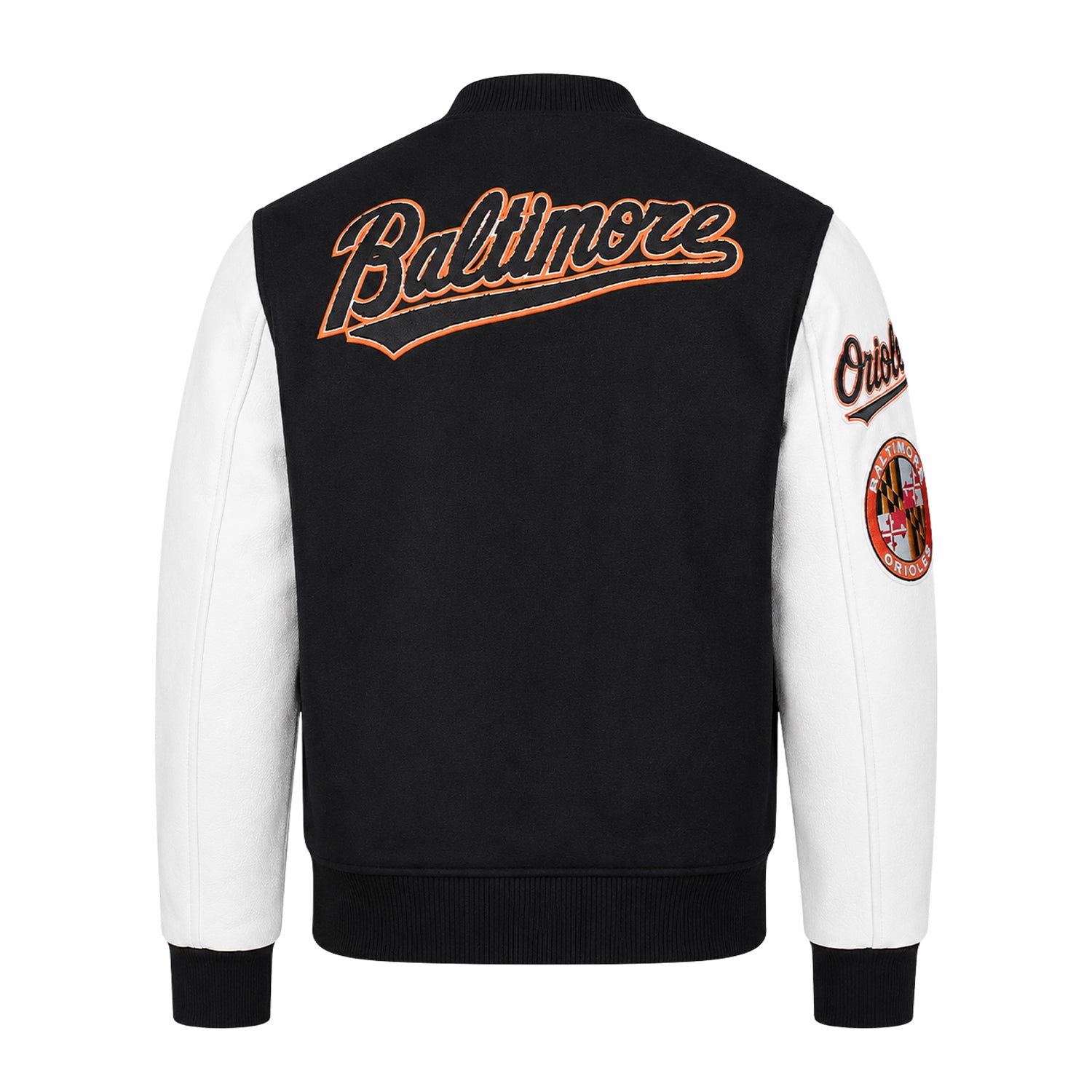 MLB Men's Baltimore Orioles Black & White Wool Varsity Jacket (Back)