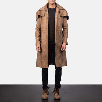 Army Brown Leather Duster Trench Coat