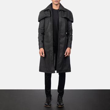 Classic Distressed Black Leather Duster Trench coat