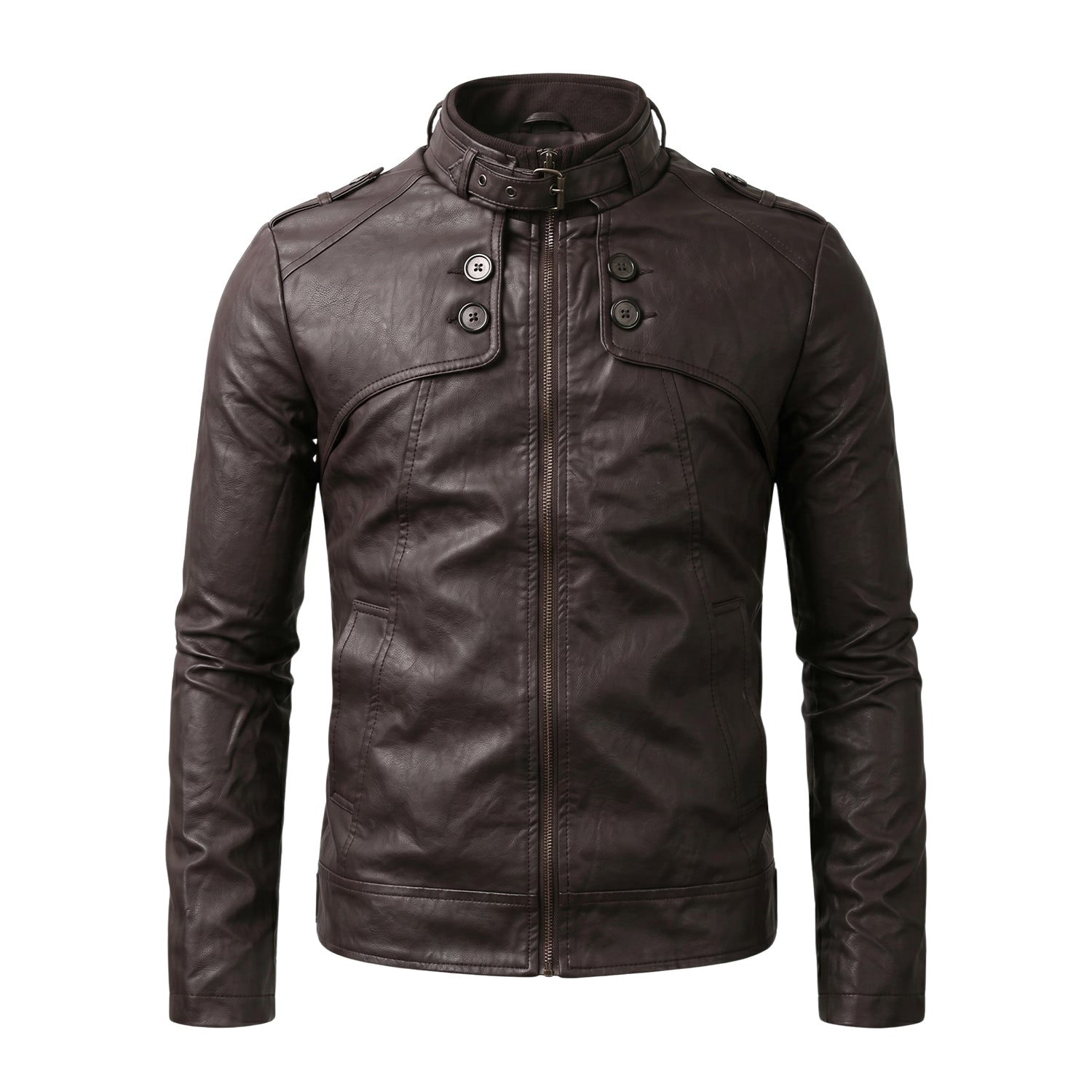 Men's Biker Belted Buckle Collar Dark Brown Leather Jacket