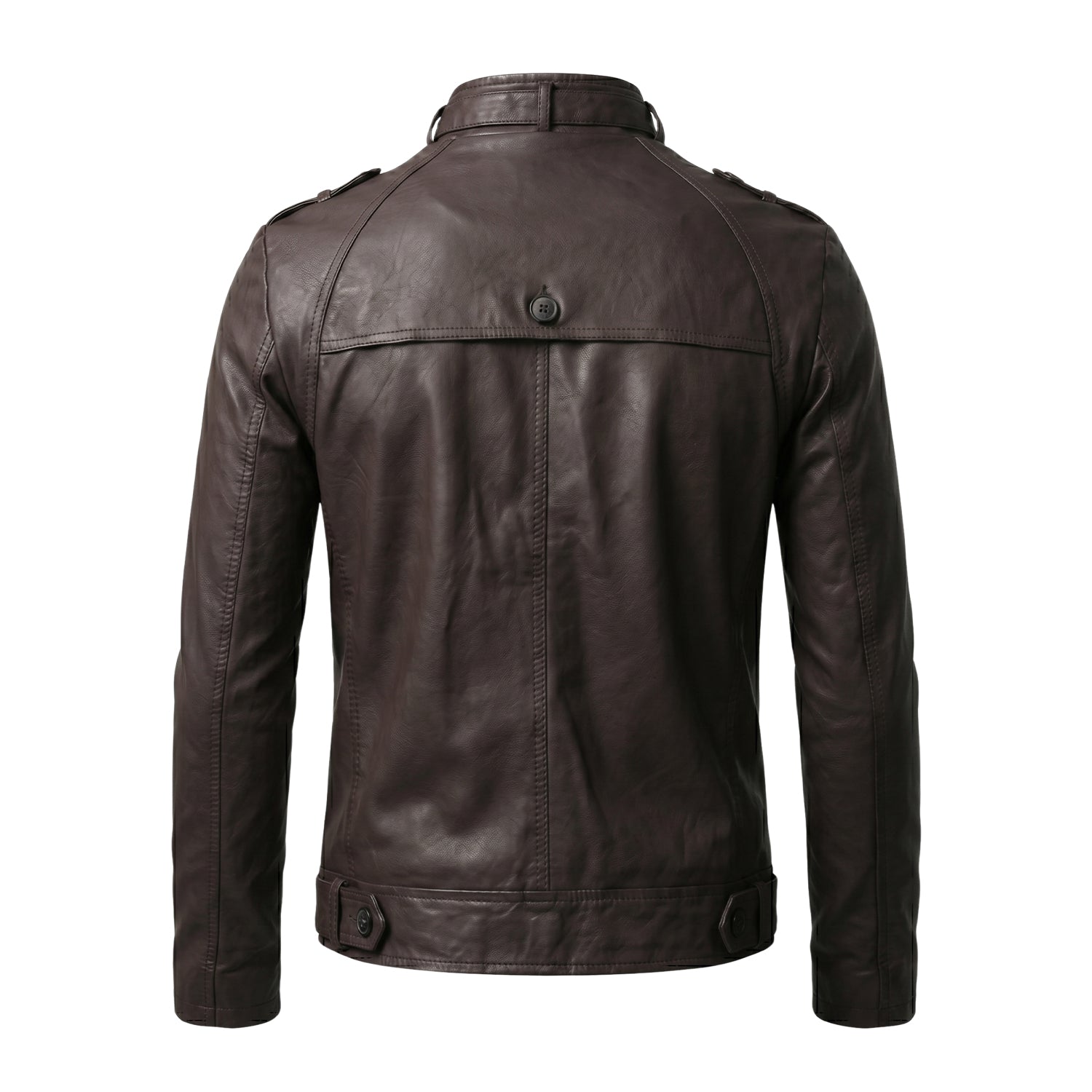 Men's Biker Belted Buckle Collar Dark Brown Leather Jacket (Back)
